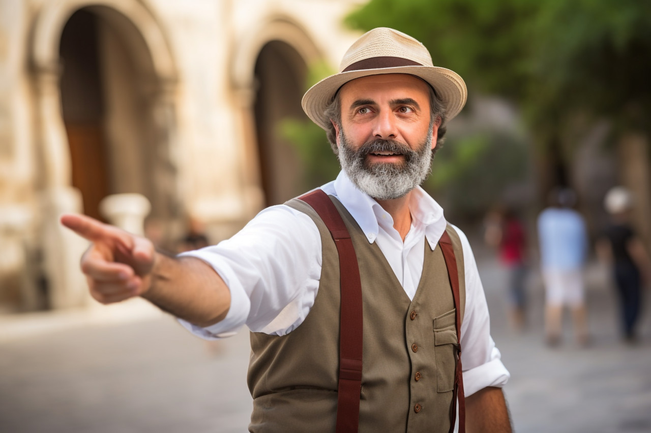 Tour guide man confidently working on blurred background
