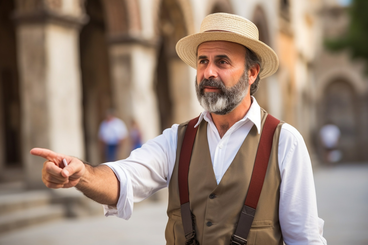 Tour guide man confidently working on blurred background