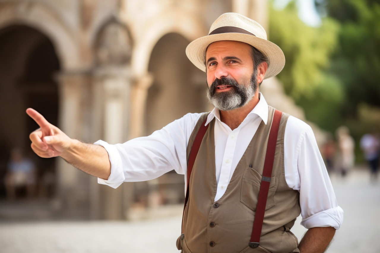 Tour guide man confidently working on blurred background