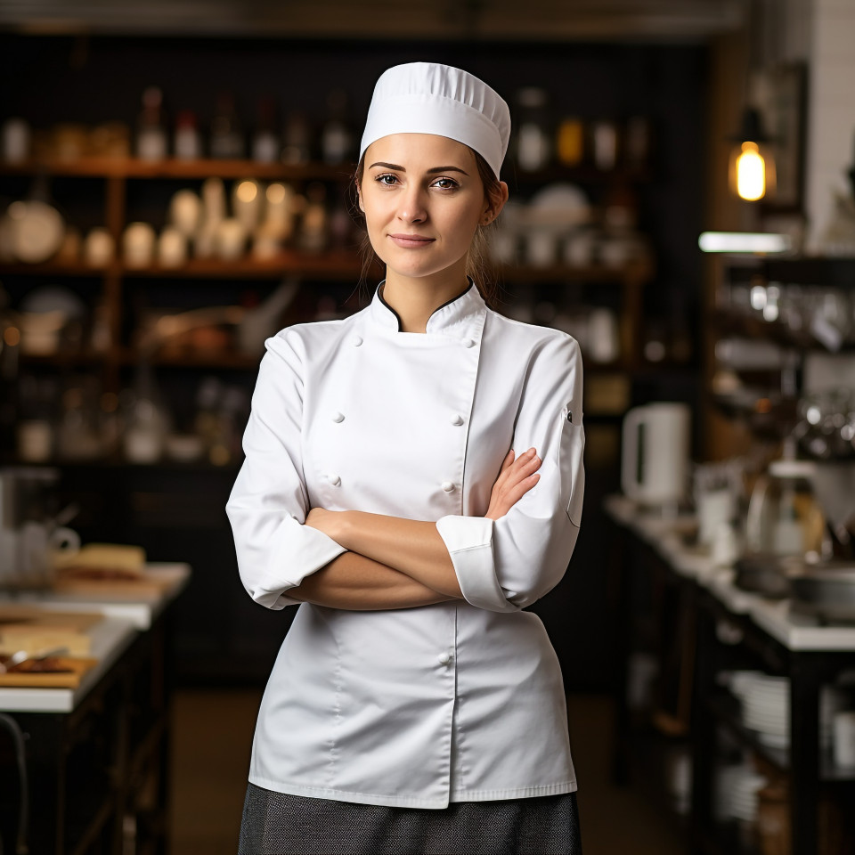 Female chef working confidently on blurred background