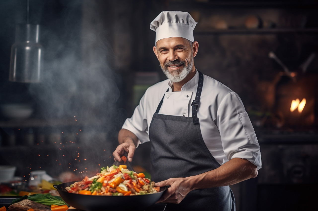 Confident chef cooking at work