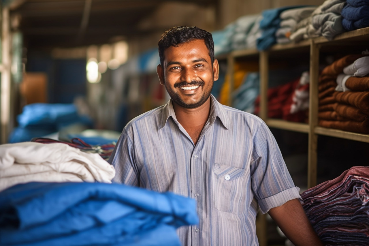 Indian laundry worker working confidently in a blurred background