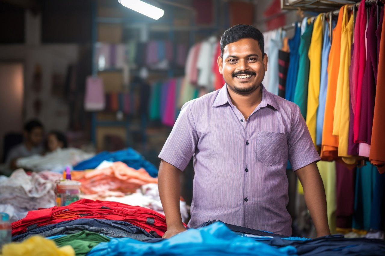 Indian laundry worker working confidently in a blurred background