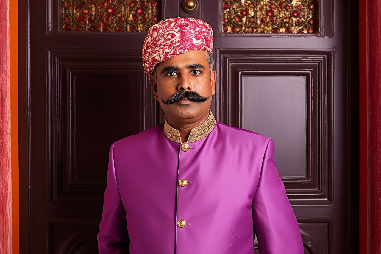 Confident indian doorman working on blurred background