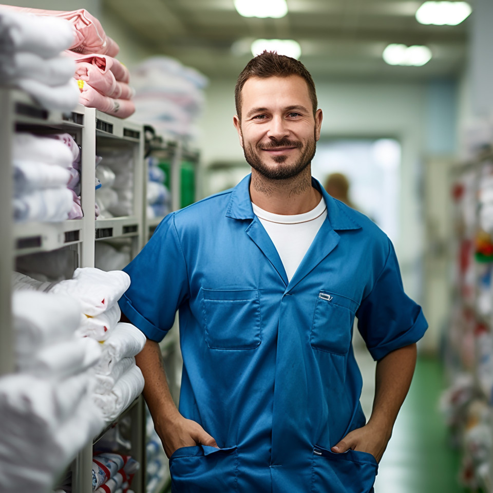 Confident laundry worker on blurred background