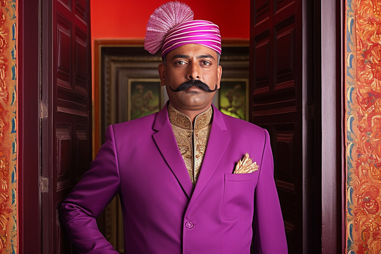 Confident indian doorman working on blurred background