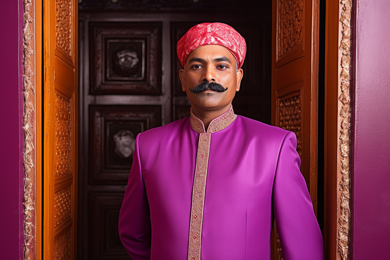 Confident indian doorman working on blurred background
