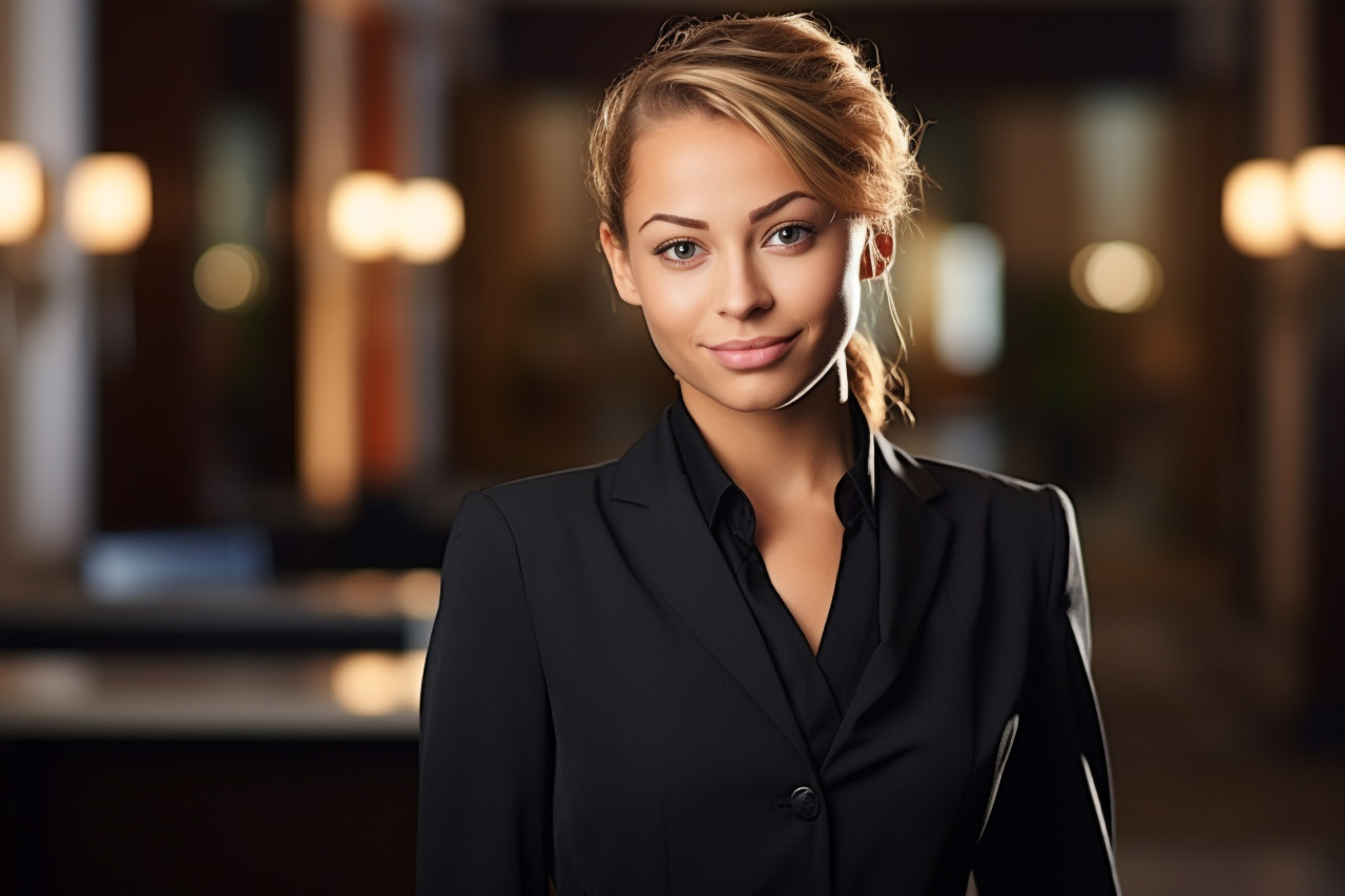 Confident female concierge working at a blurred background