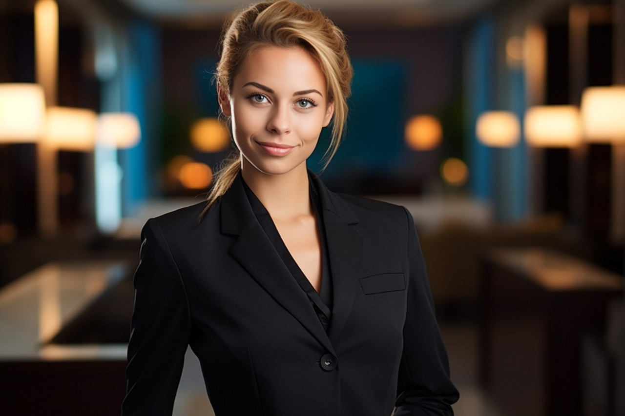 Confident female concierge working at a blurred background