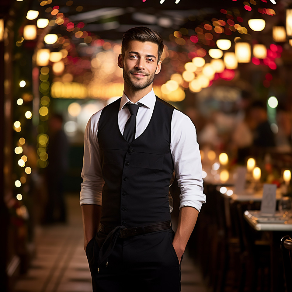 Smiling waiter working on blurred background