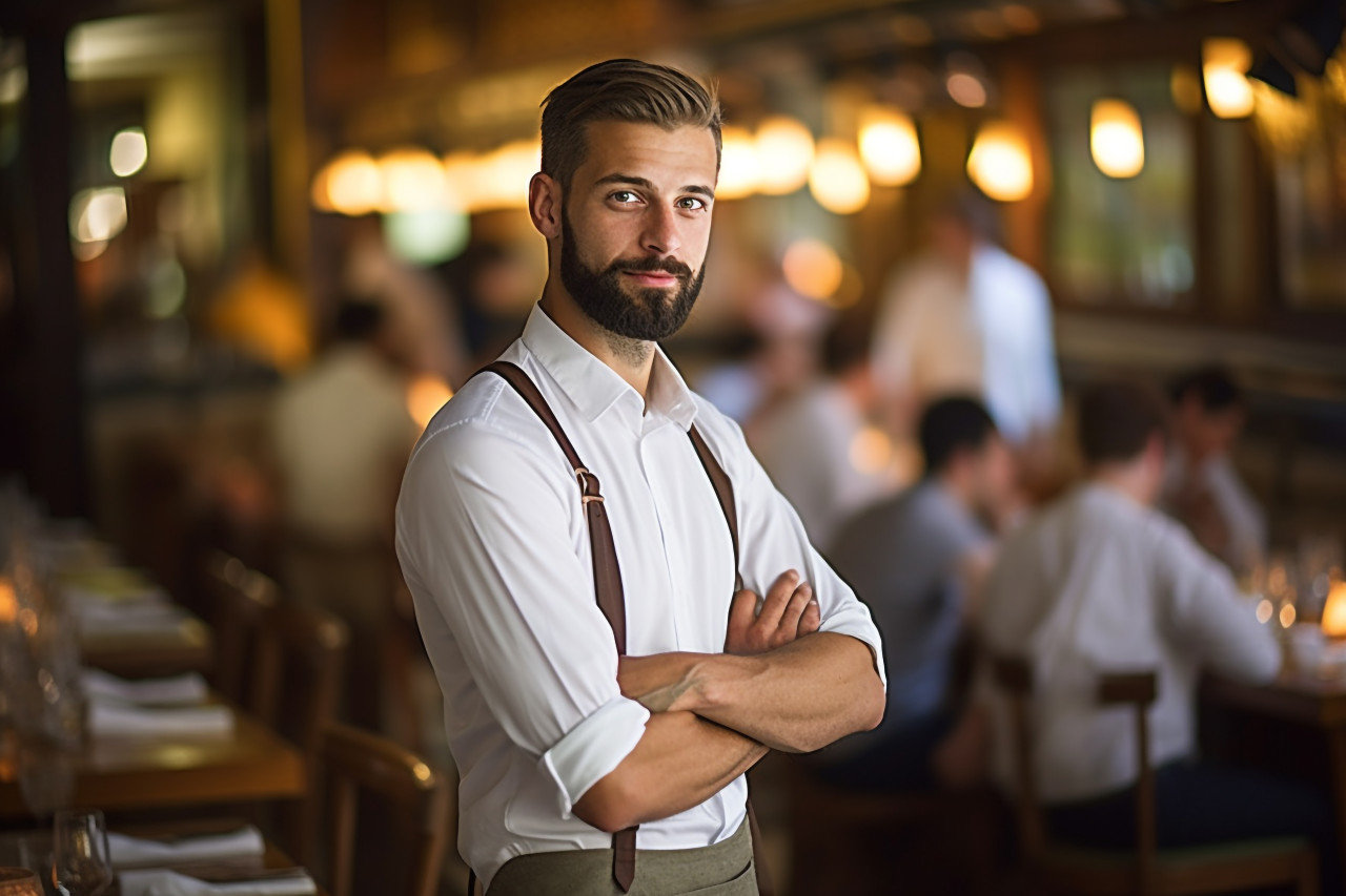 Confident man waiter at work background