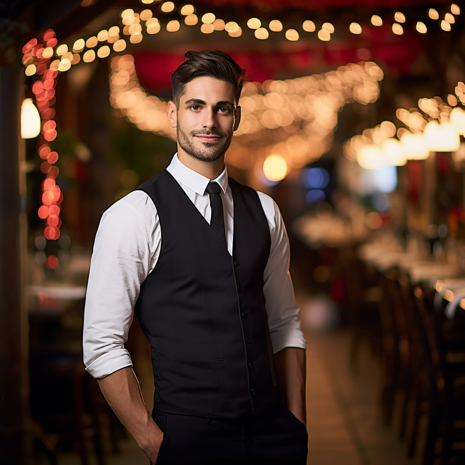 Smiling waiter working on blurred background