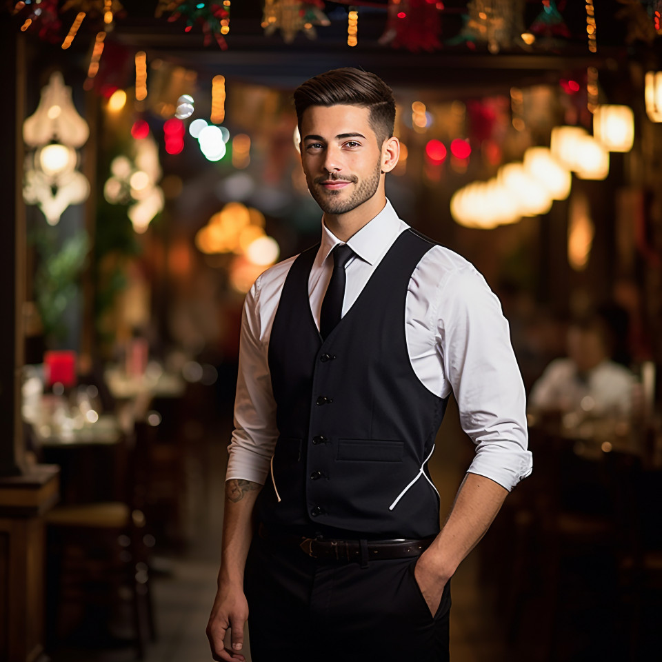 Smiling waiter working on blurred background