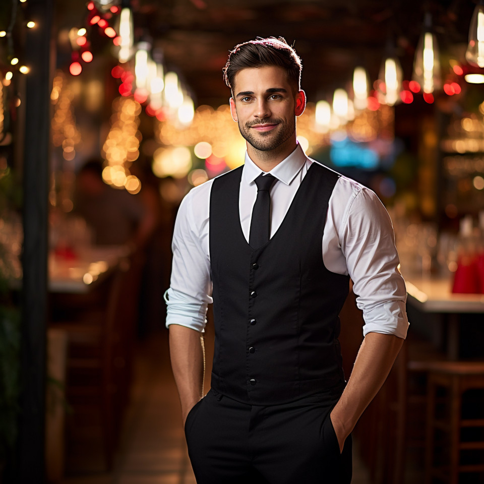 Smiling waiter working on blurred background