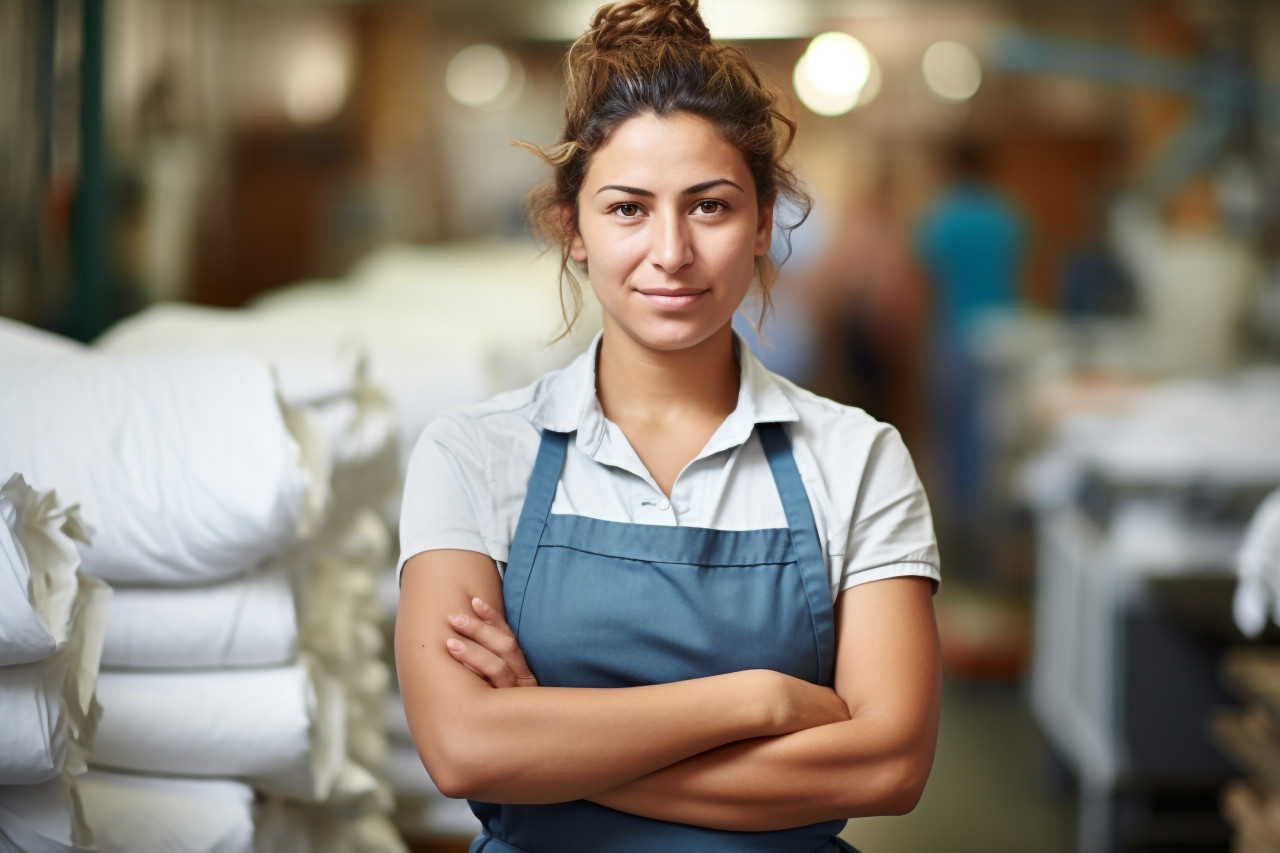 Laundry worker confidently working on blur background
