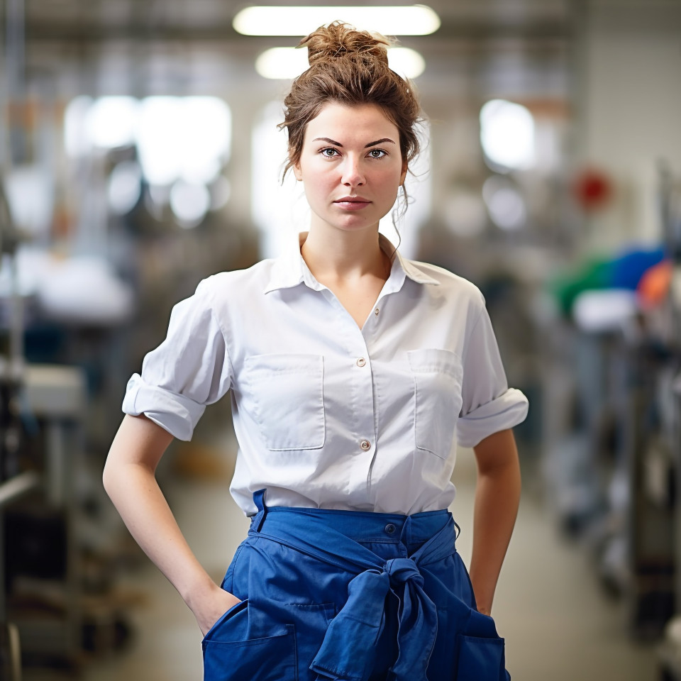 Smiling laundry worker on blurry background