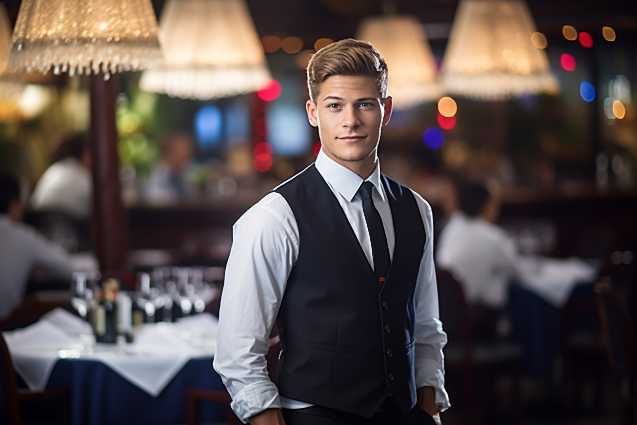 Confident man waiter at work background
