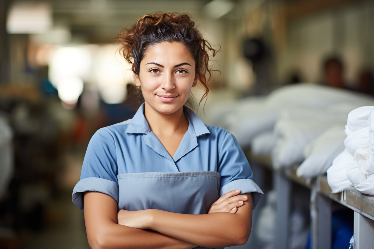 Laundry worker confidently working on blur background