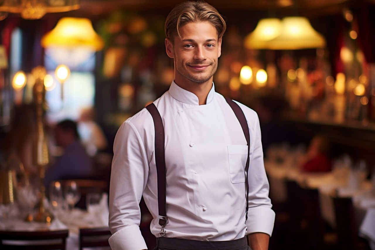 Confident man waiter at work background