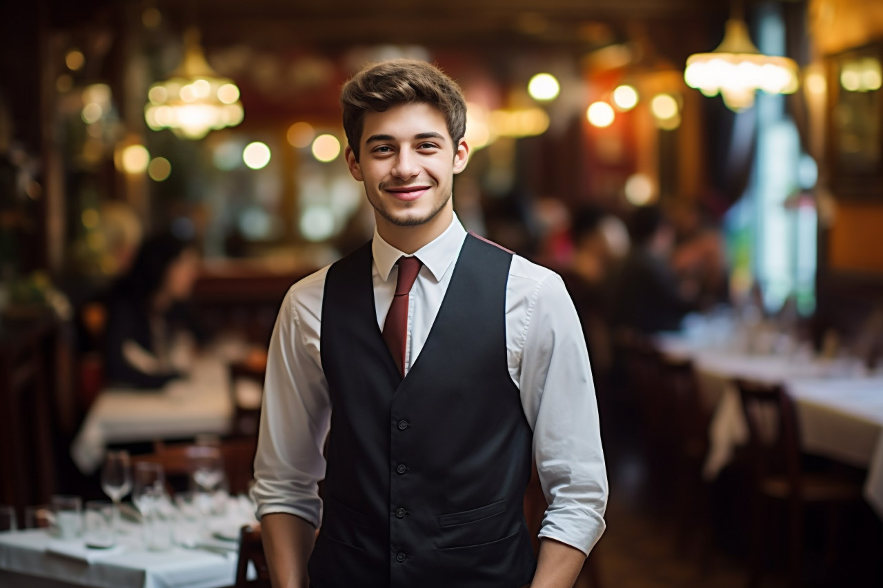 Confident man waiter at work background