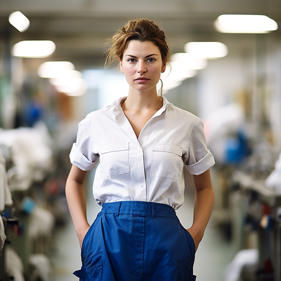 Smiling laundry worker on blurry background