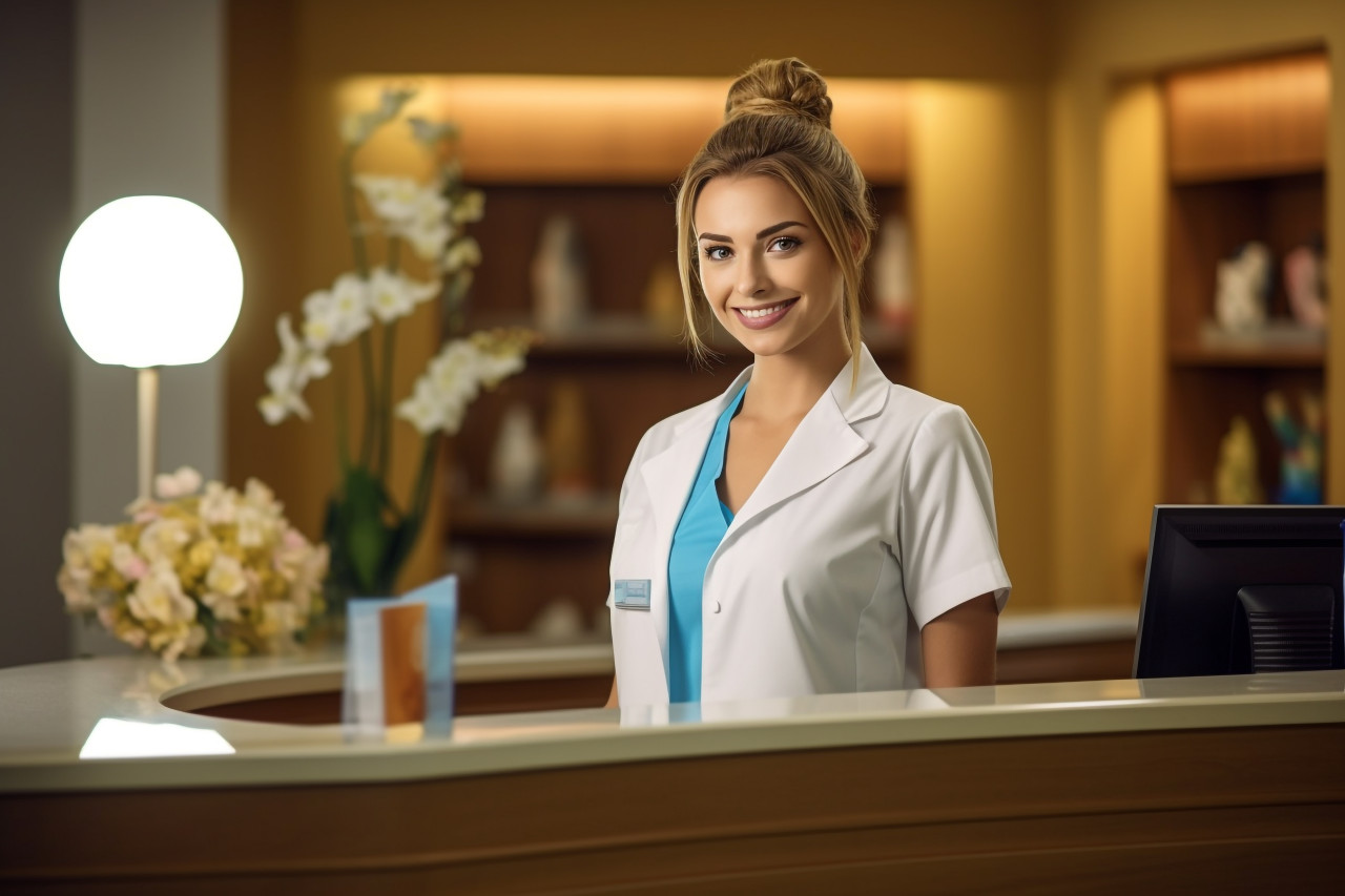 Receptionist smiling and working