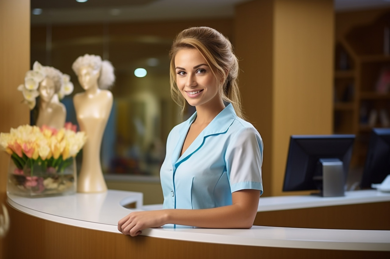 Receptionist smiling and working