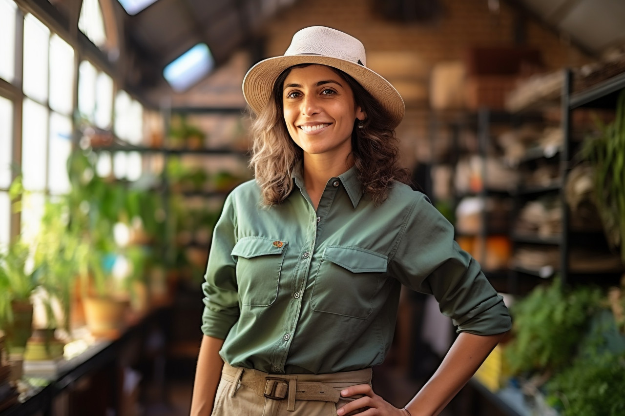 Female tour guide working confidently in front of a blurred background