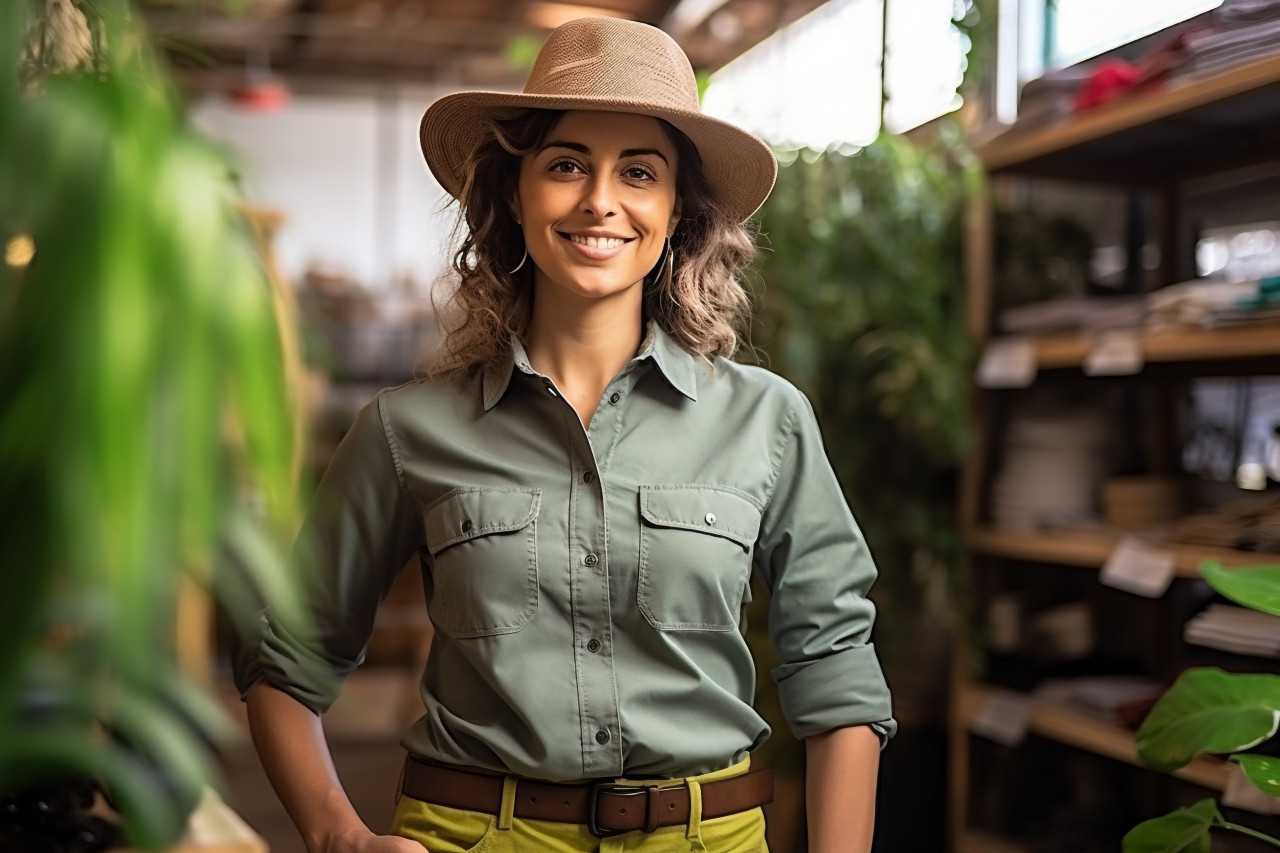 Female tour guide working confidently in front of a blurred background