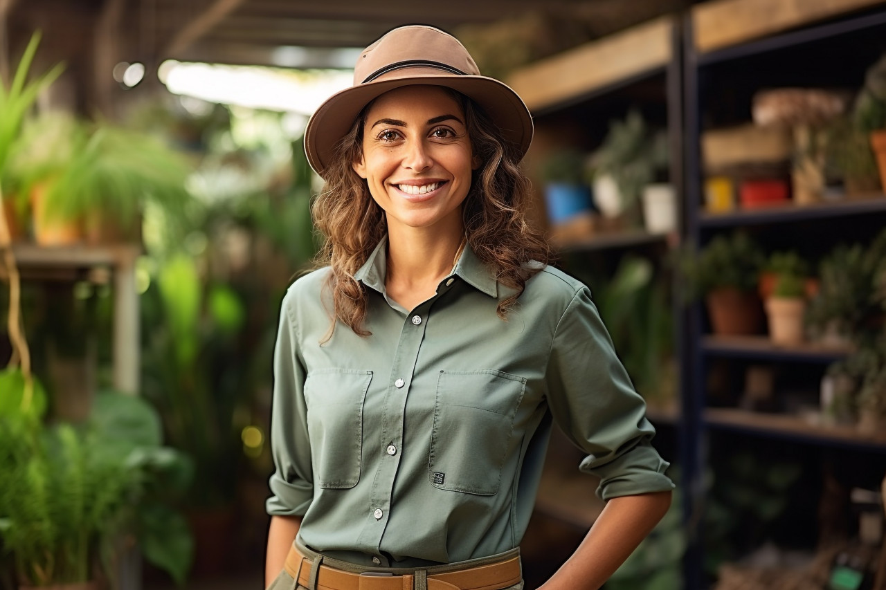 Female tour guide working confidently in front of a blurred background