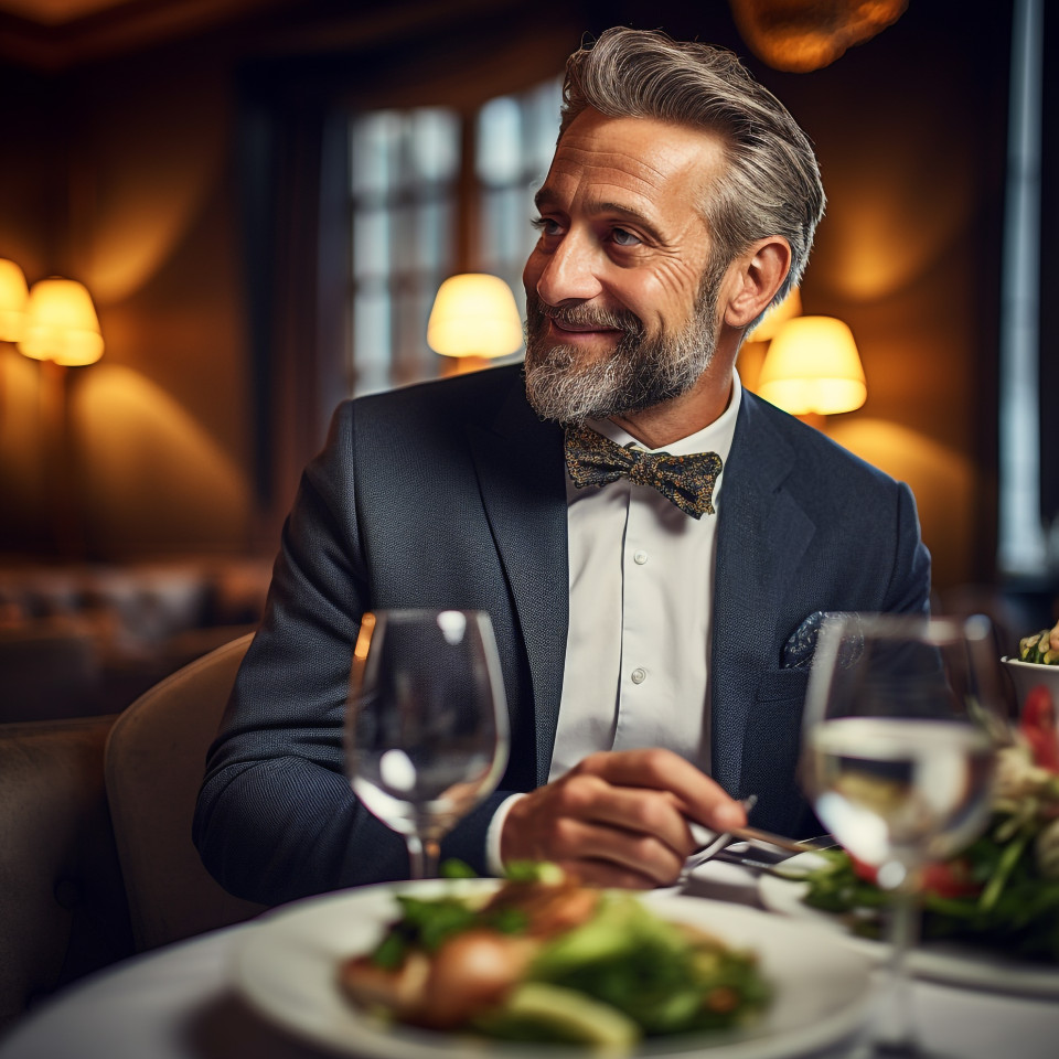 Stylish man enjoying delicious food at upscale restaurant
