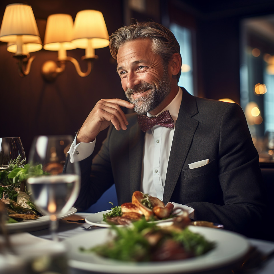 Stylish man enjoying delicious food at upscale restaurant