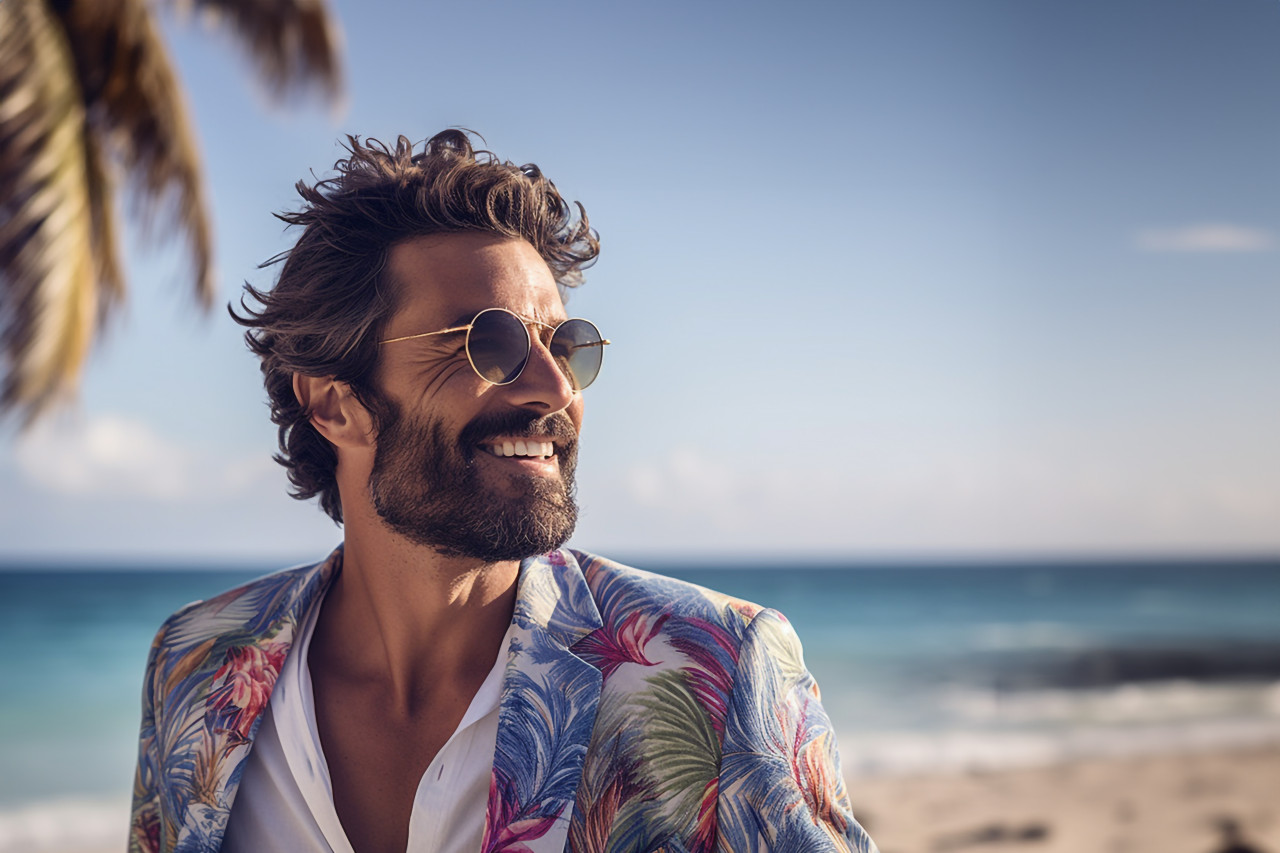 Stylish man enjoying a beach day at a beachfront resort