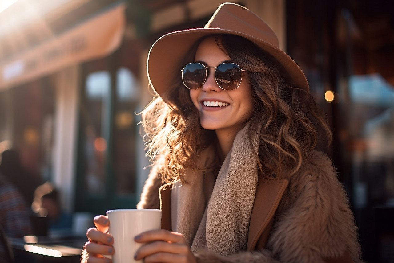 Charming woman enjoys coffee at european square cafe