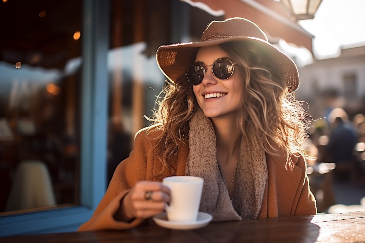 Charming woman enjoys coffee at european square cafe