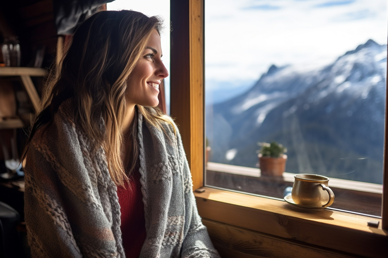 Woman enjoys scenic mountain chalet view