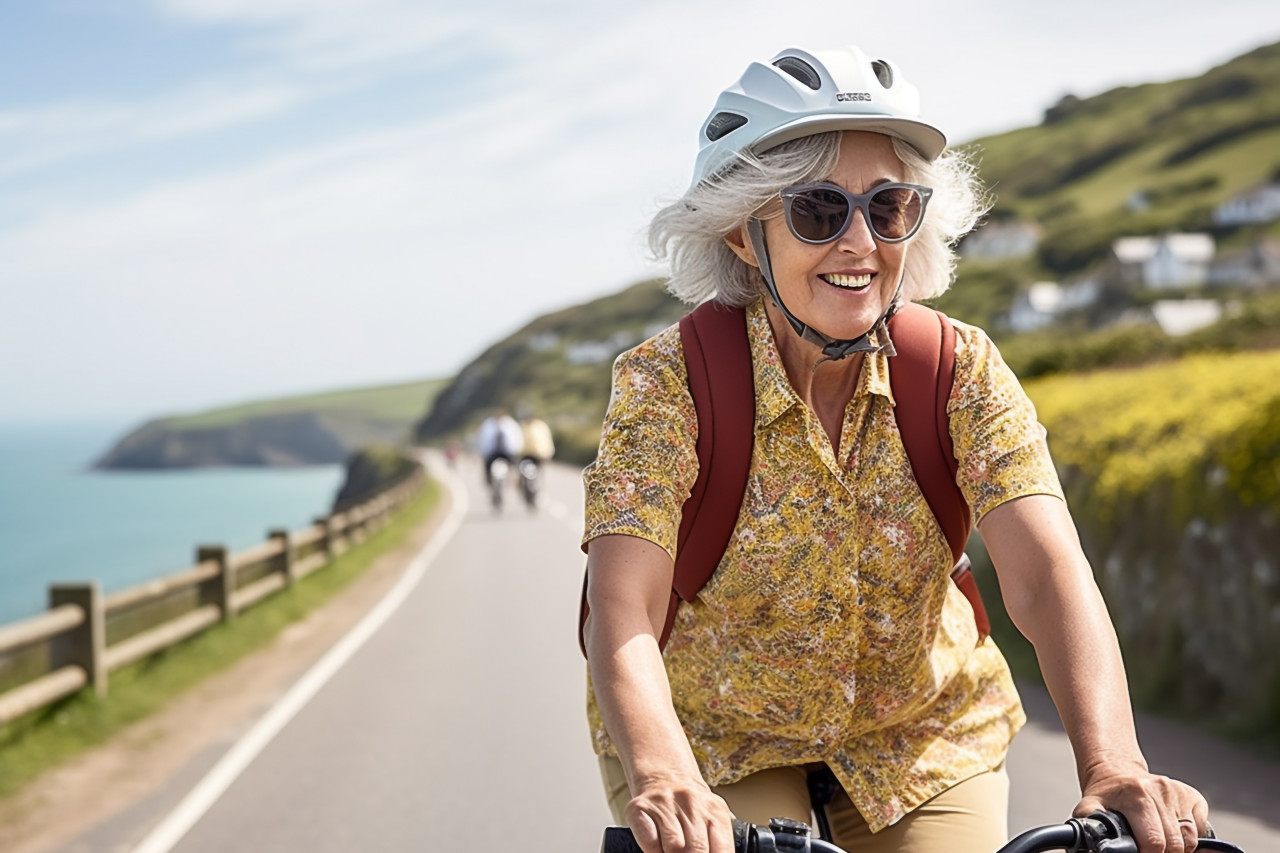 Cheerful woman cycling on scenic coastal trail
