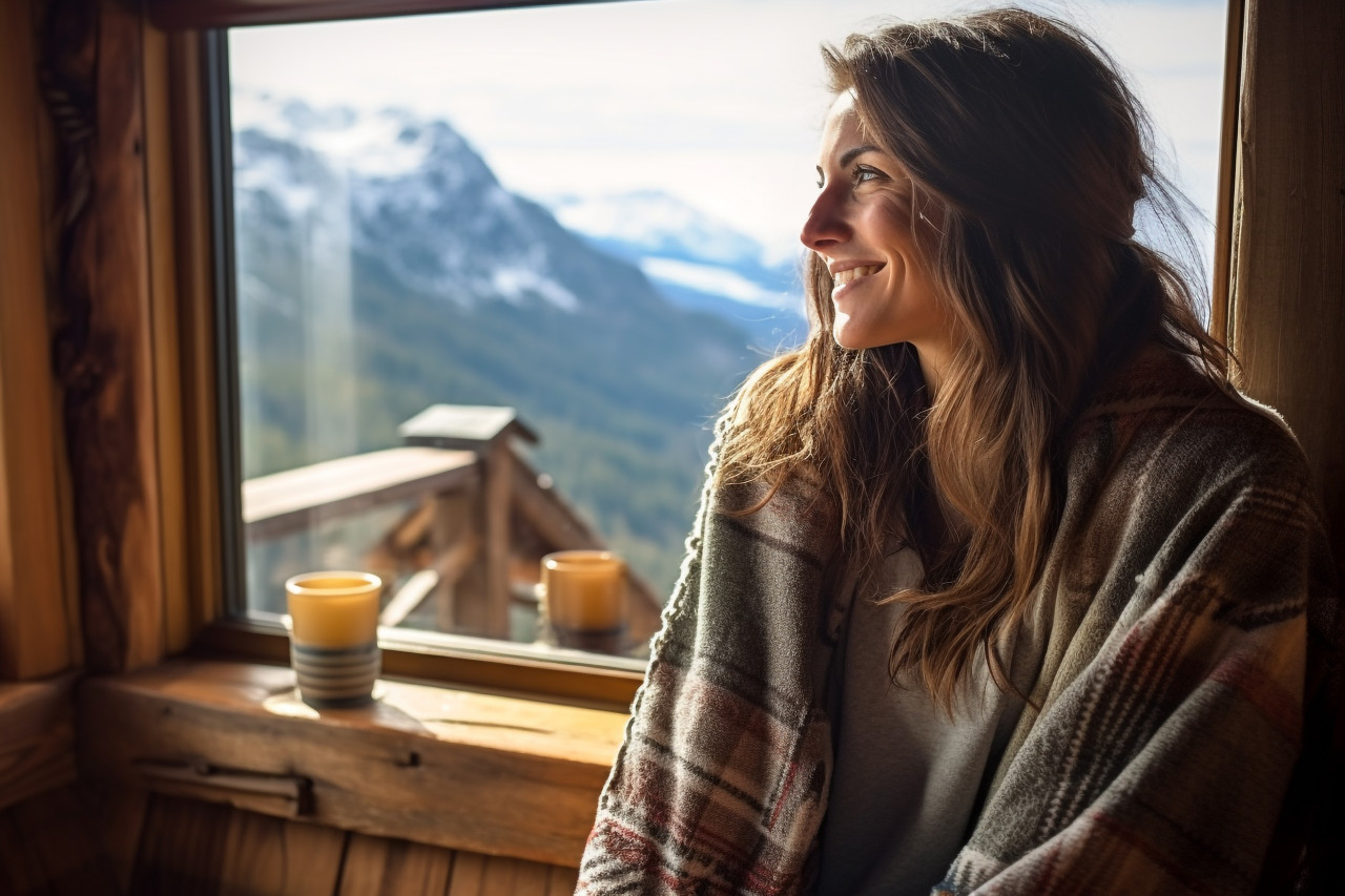 Woman enjoys scenic mountain chalet view