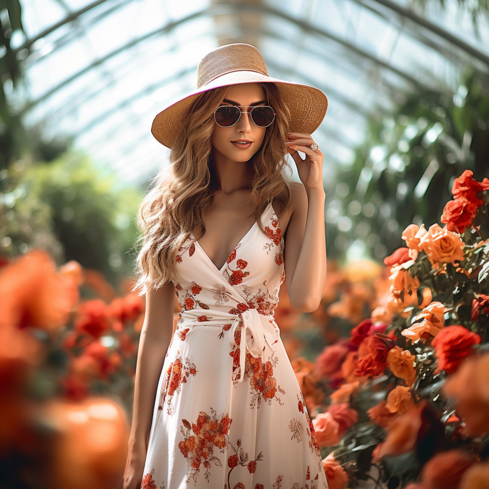 Lady in stylish outfit takes in lush botanical garden