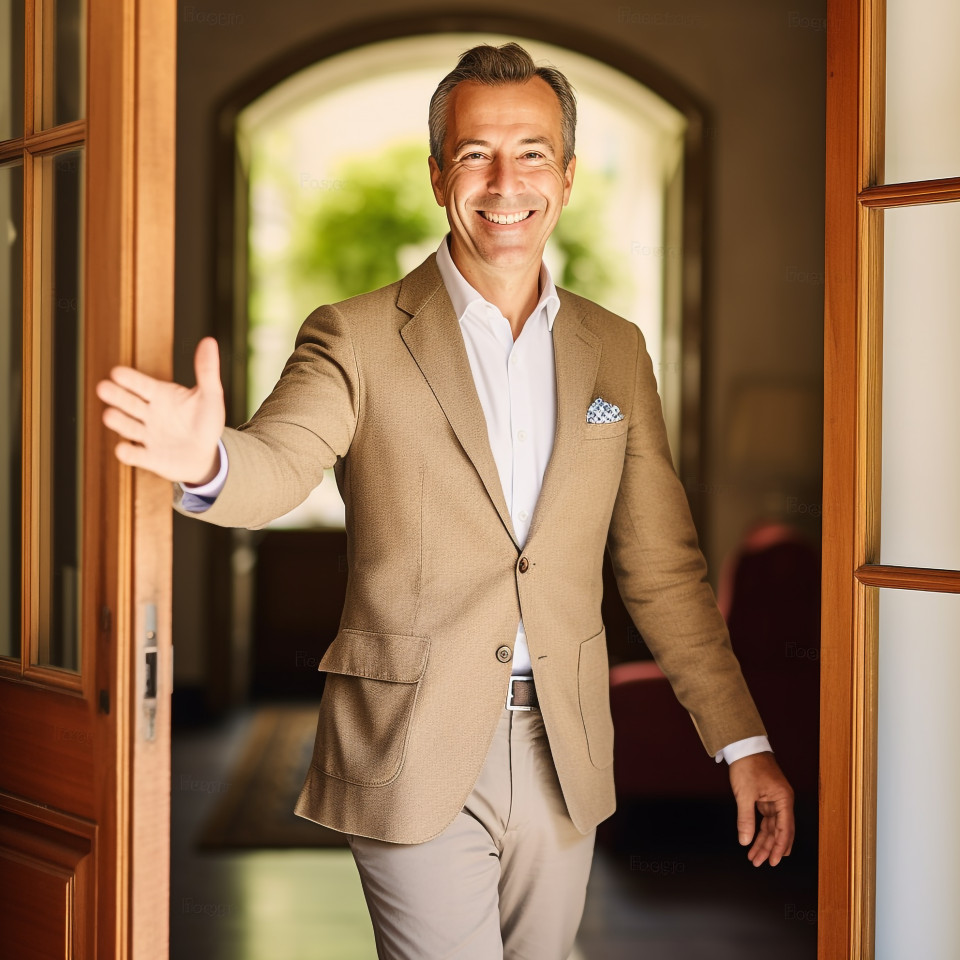 Luxury hotel concierge greets guests with a warm smile