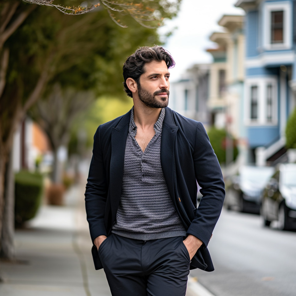 Stylish man walking through trendy city district