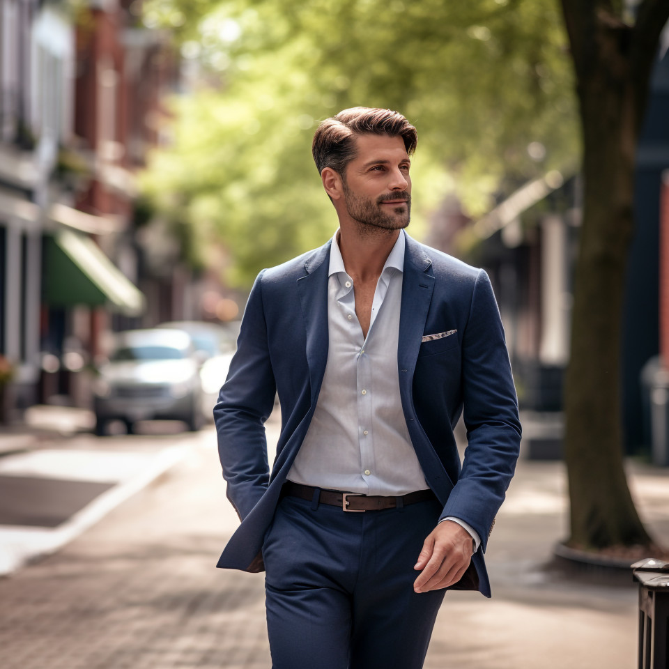 Stylish man walking through trendy city district