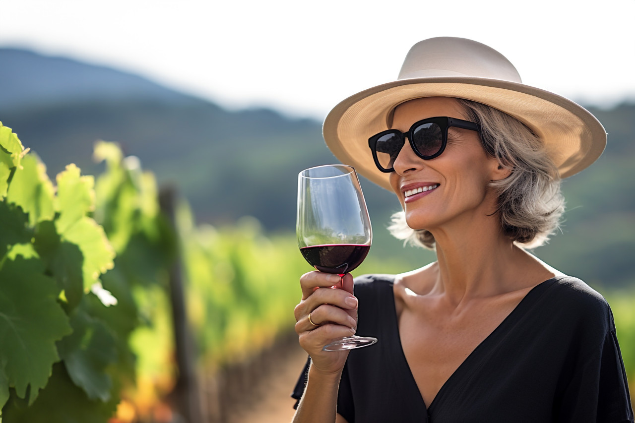 Elegant woman savoring wine at vineyard