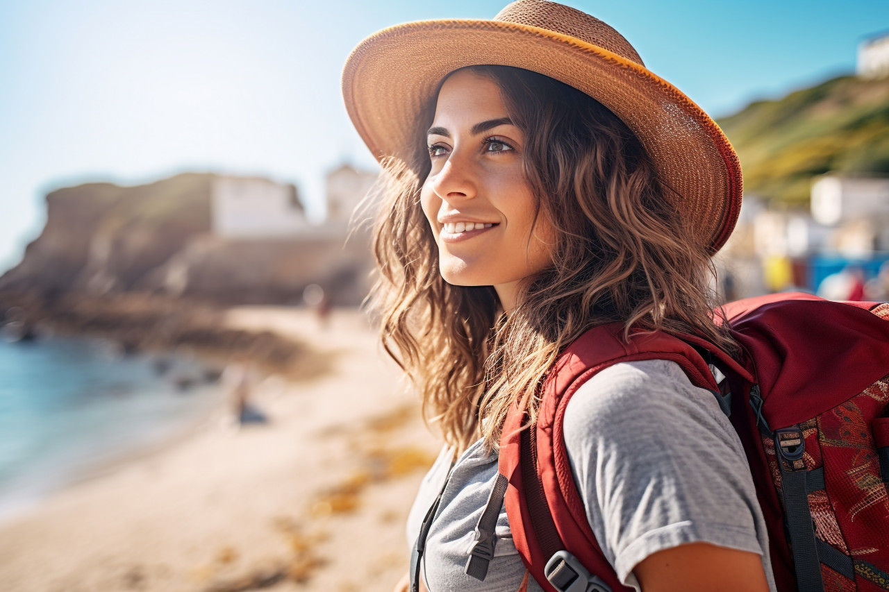 Female traveler explores scenic coastal town