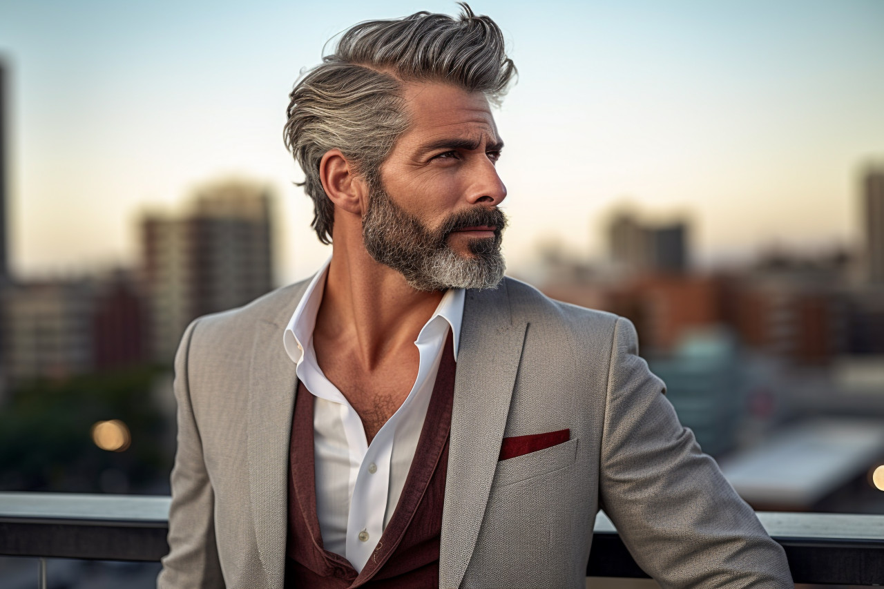 Stylish man enjoys city skyline from rooftop bar