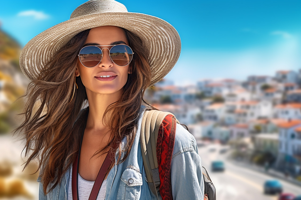 Female traveler explores scenic coastal town