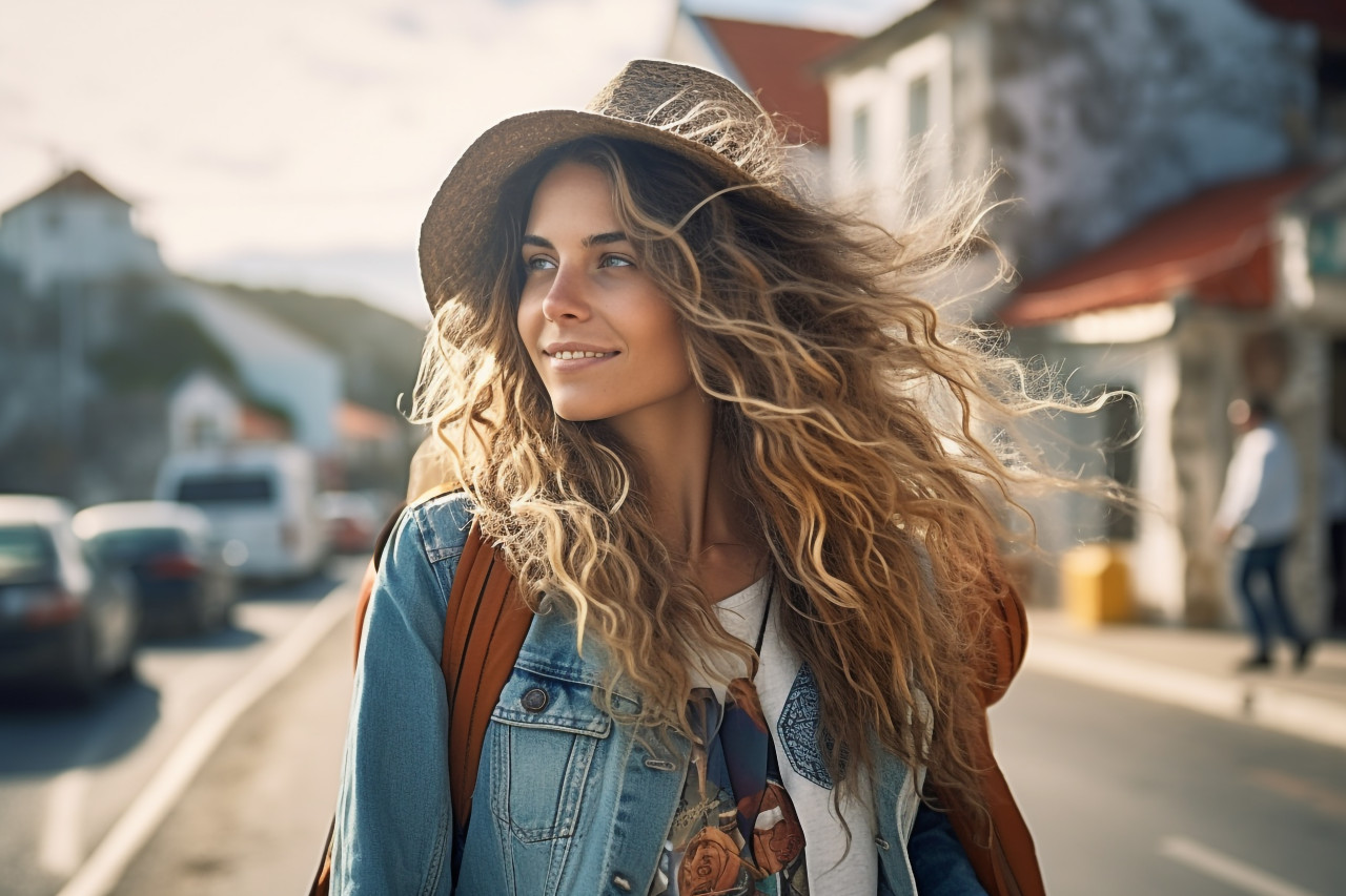 Female traveler explores scenic coastal town