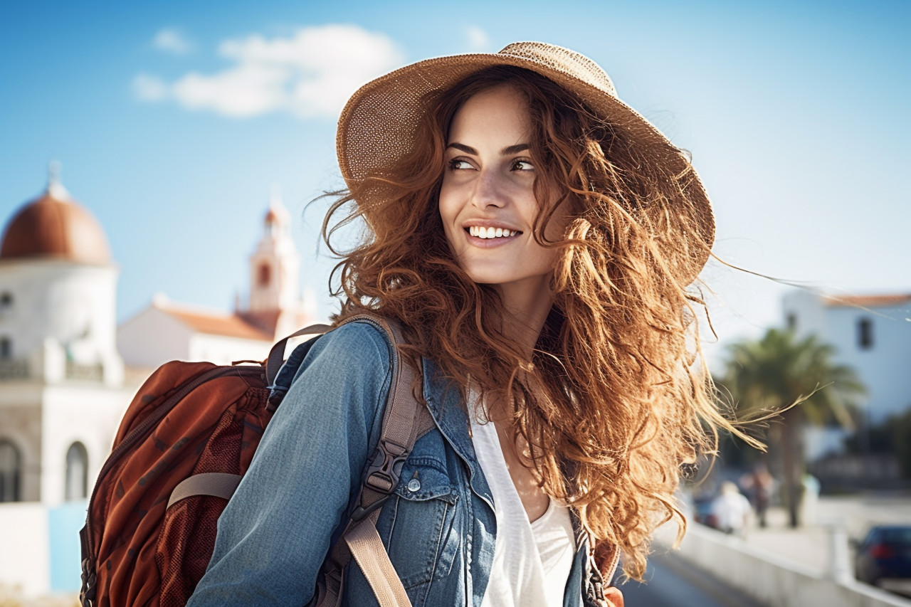 Female traveler explores scenic coastal town