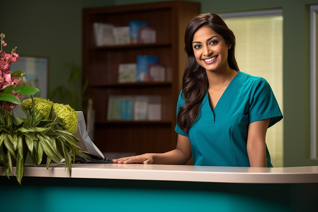 Indian receptionist working with a smile