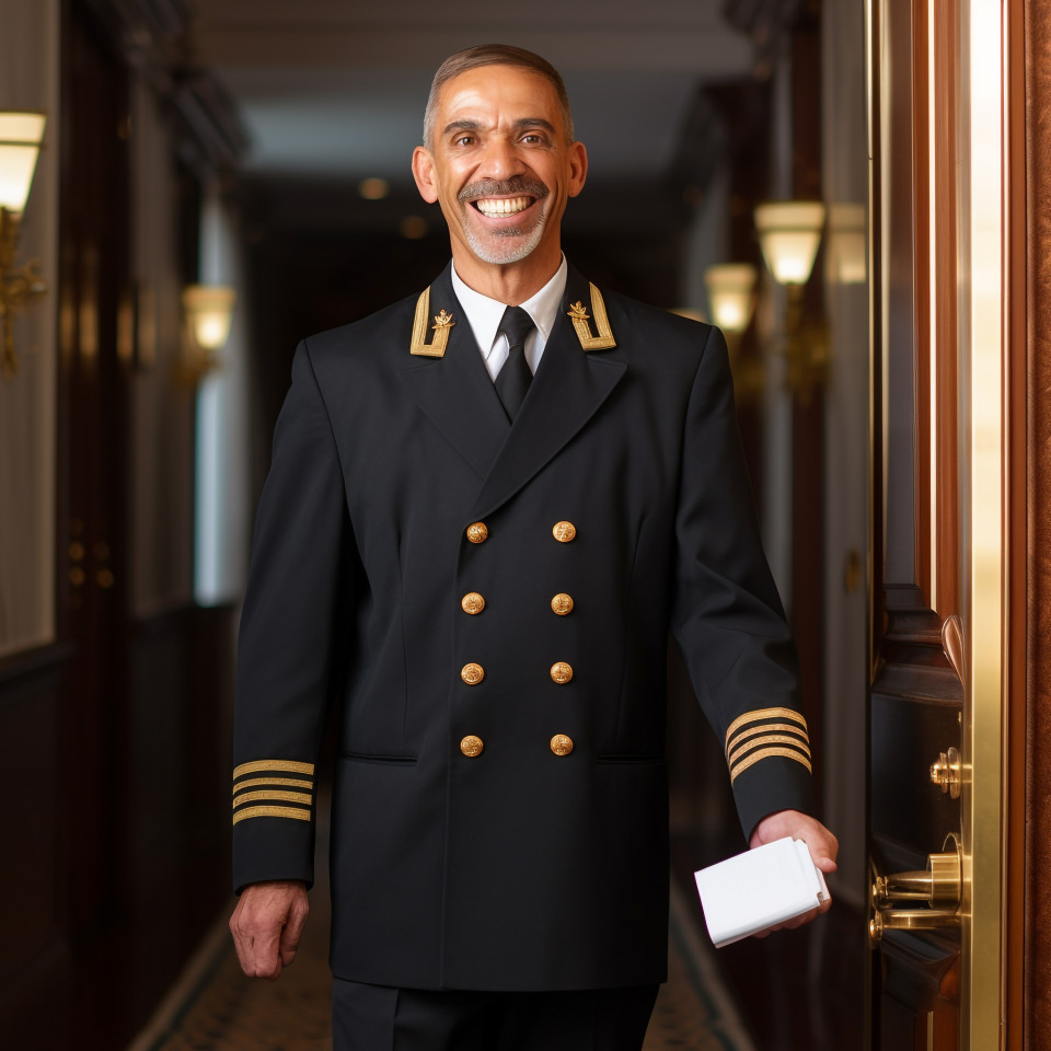 Smiling doorman at work blurred background